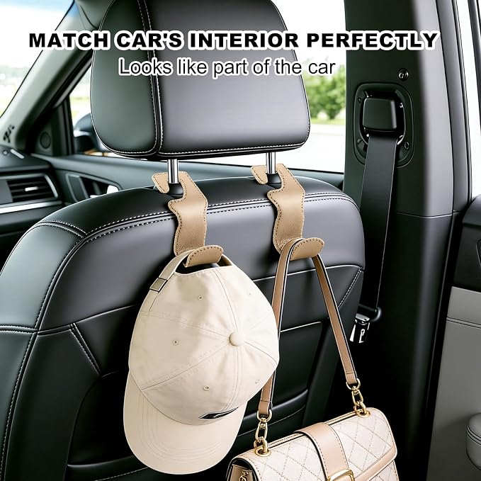 Car Seat Hooks for Purses and Bags, 4 Pack Car Purse Holder for Grocery Bag Handbag Clothes, Metal Headrest Hooks Covered by Leather, Beige