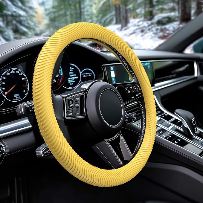 Car Steering Wheel Cover, Thin Anti-Skid Silicone Steering Wheel Cover for Men & Women, Universal Automotive Interior Accessories for Most Cars (Bright Yellow)