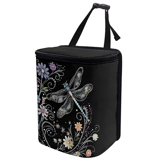 Dragonfly Flower Print Car Trash Can with Lid, Leak Proof Auto Trash Bag Hanging Vehicle Garbage Can Multipurpose Storage Container for Back Seat Road Trip