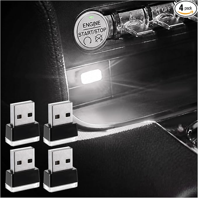 4 PCS USB LED Car Interior Atmosphere Lamp, Plug-in USB Decor Night Light, Portable Auto Ambient Lighting Kit, Universal Vehicle Interior Accessories for Most Cars (White)