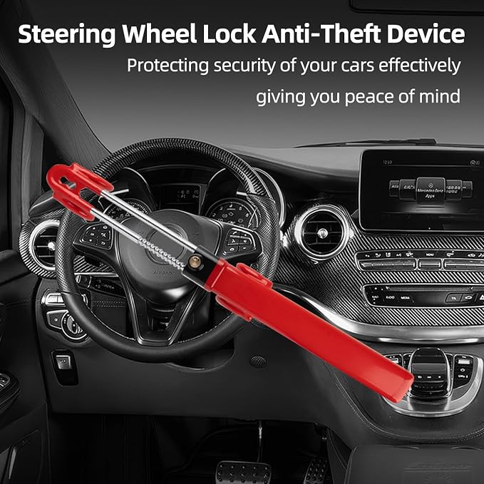 Steering Wheel Lock for car Universal Adjustable Length Anti-Theft Device Car Locks Double Hook Locks for Car SUV Pickup Truck Van(Red)
