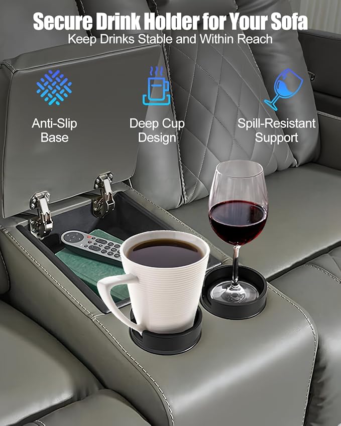 Universal Couch Cup Holder Adapter Insert 2 Pack, Sofa Cup Holder Expander with Anti-Slip Pad, Fits Most Recliner & Couch Cup Holders, Spill-Free Drink Storage for Mugs, Wine Glasses, Soda Cans