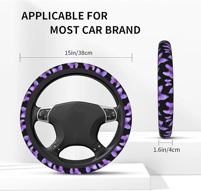 Butterfly Purple Steering Wheel Cover +2Pc Car Coasters Universal 15In | Beauty Butterfly Breathable Anti-Slip Car Suitable for Men Women