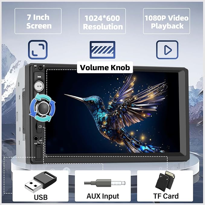 Double Din A-pple CarPlay Car Stereo with Carplay Android Auto,Bluetooth,7" HD Touchscreen 2 Din Car Radio Car Multimedia MP5 Player AUX/USB/TF Card Input Mirror Link,FM,SWC+12 LEDs-Backup Cam Mic USB