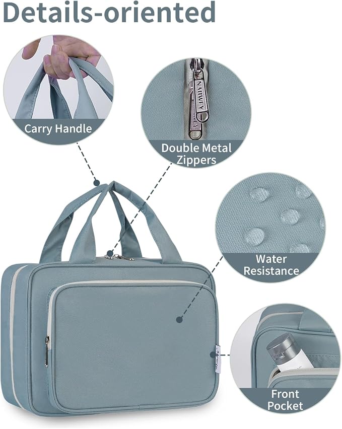 Hanging Toiletry Bag for Women Travel Makeup Bag Organizer Toiletries Bag for Travel Size Essentials Accessories Cosmetics (Greyish Blue (Medium))