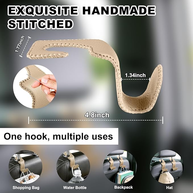 Car Seat Hooks for Purses and Bags, 4 Pack Car Purse Holder for Grocery Bag Handbag Clothes, Metal Headrest Hooks Covered by Leather, Beige