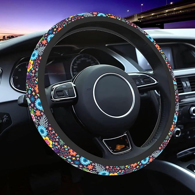 Wildflower Flower Floral Steering Wheel Cover for Women Anti-Slip Universal Car Accessories 15 inch Steering Wheel Protector Fit Auto SUV Sedan Vans Trucks