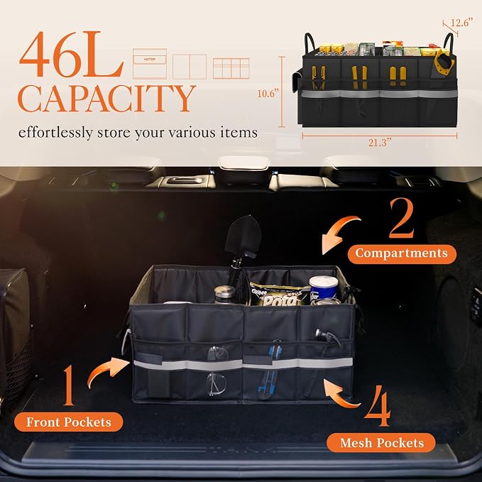 Trunk Organizer - Car Organizer with 5 Pockets, Trunk organizer for SUV, Sedan & Van, Car Organization with Sturdy Base Panel for Car Accessories, Black, 2 Compartments, 21.3"×12.6"×10.6"