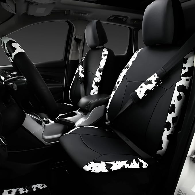Cow Print Car Accessories Sets Faux Leather Car Seat Covers & Cow Car Mats & Cow Steering Wheel Cover Seat Belt Pads Universal fit for SUV,Van,Saden,Truck Cute Automobile Interior Sets Women