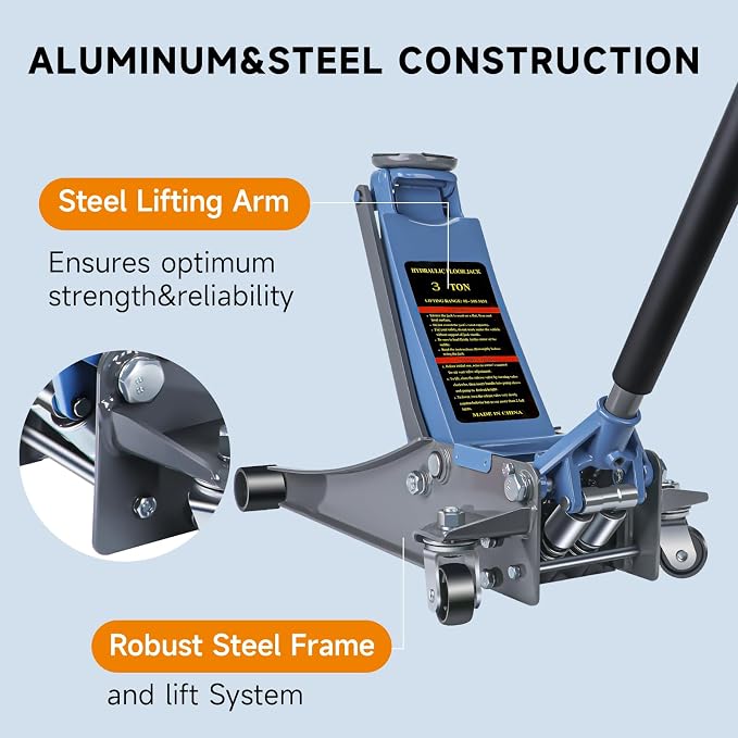 3 Ton（6600lbs） Hydraulic Floor Jack, Lifting Range 2.87"-19.69",Heavy Duty Low Profile Jack with Dual Piston Quick Lift Pump, Heavy Duty Steel Floor Jack for Cars, SUVs and Trucks