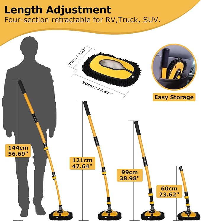56.7" Car Wash Brush Mop Kit Mitt Sponge with Long Handle Car Cleaning Supplies Kit Tools Car Washing Duster Exterior Scratch Free, Chenille Replacement Head Extension Pole