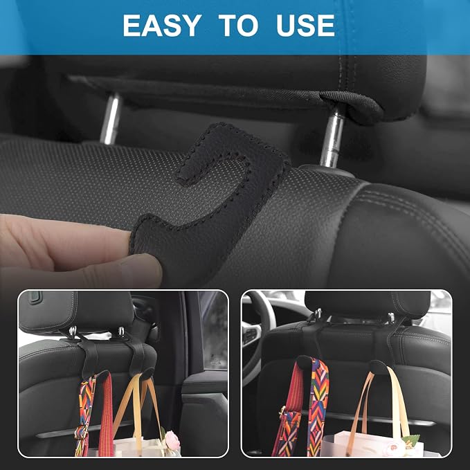 AXELECT Leather Purse Hooks for Car, 2 Pack Car Purse Holder, Car Headrest Hooks Holders for Hanging Purses and Bags Coats Grocery Bag Backpack