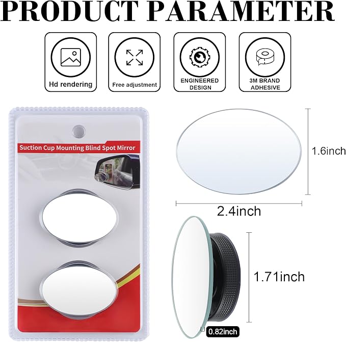 Blind Spot Car Mirror, Oval HD Glass Frameless Convex Side Mirror Blindspot, Reusable 360° Wide Angle Rear View Car Mirrors with Powerful Adjustable Suction Cup - Exterior Mirrors