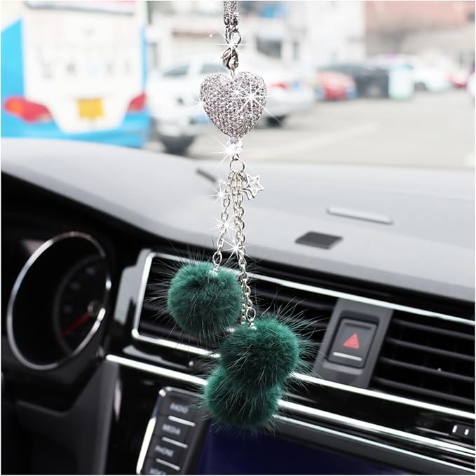 Bling Diamond Heart Car Interior Accessories, Car Mirror Hanging Ornament for Women, Love Heart & Pink Plush Ball Decor Ornament Pendant (Dark Green)