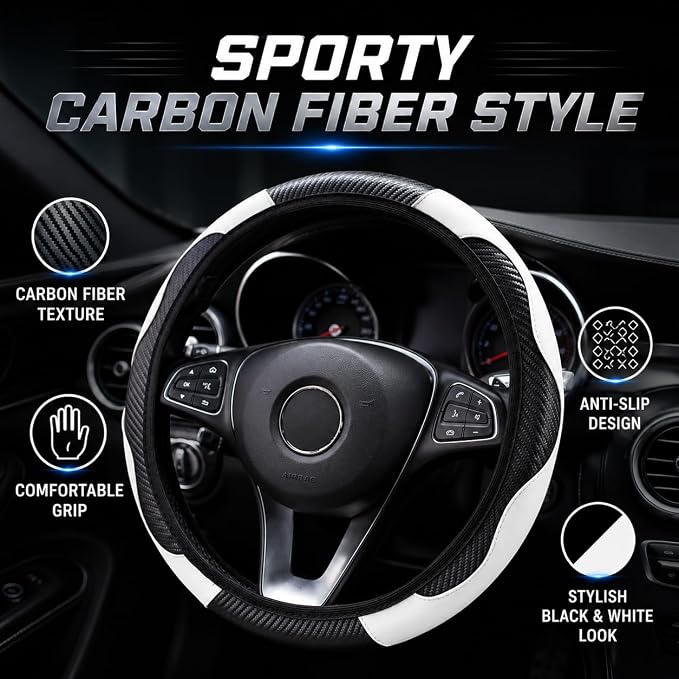 Car Steering Wheel Cover 15 inch, Microfiber PU Leather Elastic Steering Wheel Protector, Anti-Slip Breathable Car Interior Accessories for Most Cars (White)
