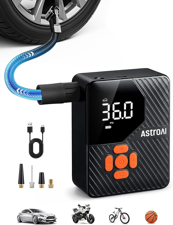 150 PSI Tire Inflator Portable Air Compressor L7 Mini | Fast Inflation, Cordless, Air Pump with LED Light &Pressure Gauge, Auto Shut-Off, for Cars, Motorcycle, Bicycle, Ball, Orange