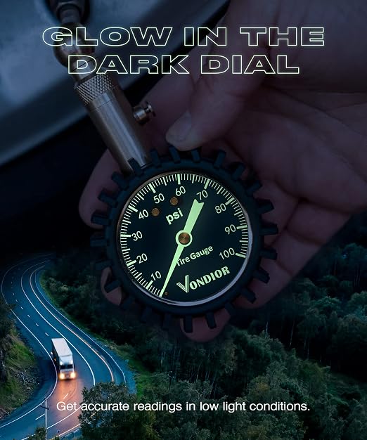 Tire Pressure Gauge (0-100 PSI) Certified ANSI Accurate with Large 2 Inch Easy to Read Glow Dial, Low - High Air Pressure Gauge. Tire Gauge for Car and Trucks Tires
