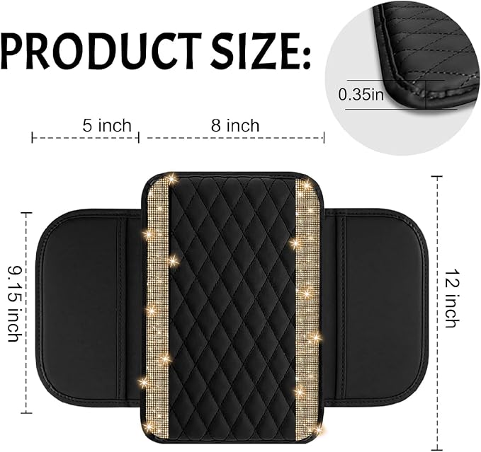 Bling Car Center Console Cover, Leather Car Arm Rest Cover Cushion with 2 Storage Bags, Universal Auto Armrest Protector, Bling Accessories Interior for Most Vehicles(Champagne Diamond)