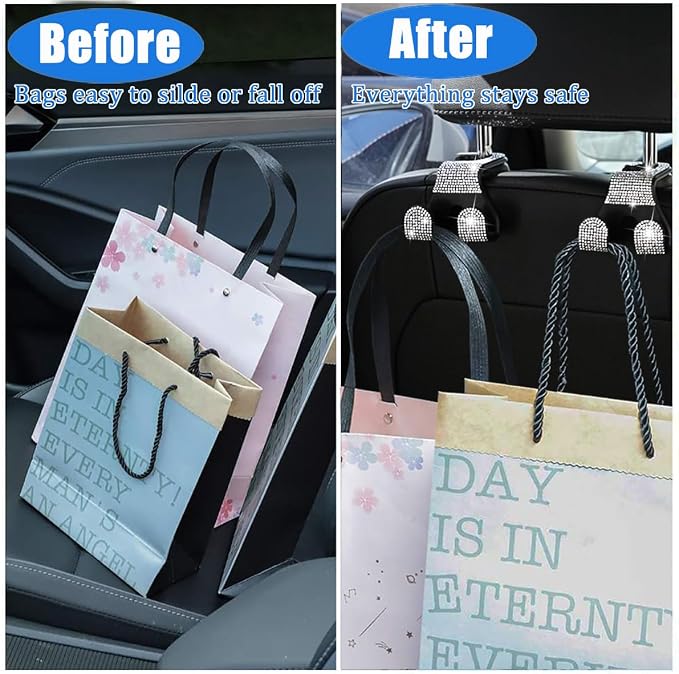 Bling Car Purse Hooks 2Pcs, Durable Car Headrest Hook, Holds 44Lbs, Double-Hooks, Wide-Opening, Rhinestone Automobile Purse Hangers Holder, Bling Car Accessories for Women, Pink