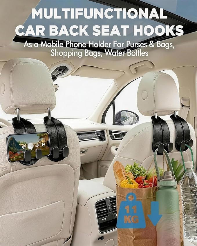 Purse Holder for Car, 2 Pack Heavy Duty Purse Hanger for Car, PU Leather Car Seat Hooks for Purses and Bags, Cute Minimalist Black Headrest Organizer for Handbags & Backpacks