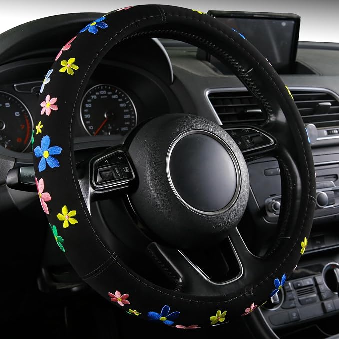 Embroidery Cute Steering Wheel Cover Floral Decor+Center Console Cover+Belt Cover,Anti-Slip,Sweat Absorption,3pcs