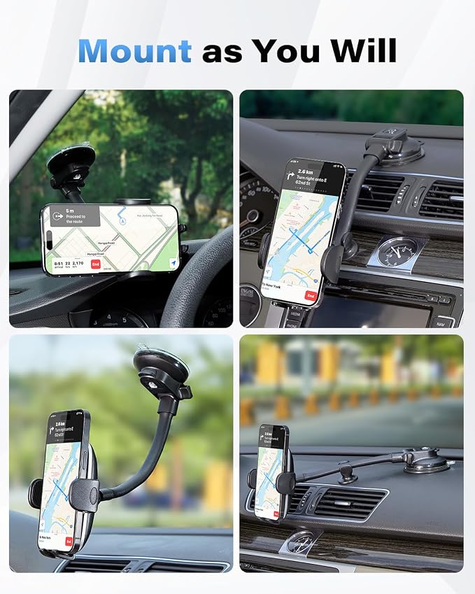 Solid Car Truck Phone Mount Holder with Thick Gooseneck Long Arm, Windshield Window Mobile Holders w/Industrial-Strength Suction Cup, Anti-Shake Stabilizer Compatible All Cell Phones, Black