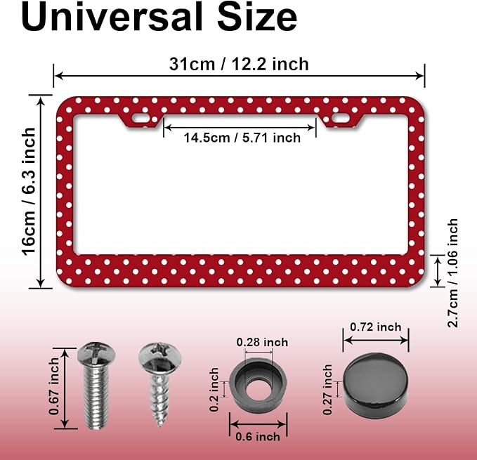 Polka Dots License Plate Frames，Polka dots Car Accessories for Women and Men ，Cute License Plate，Aluminum License Plate Frame Fits Standard US Vehicles Size 12.2 x 6 Inch (Red-Polka dots)