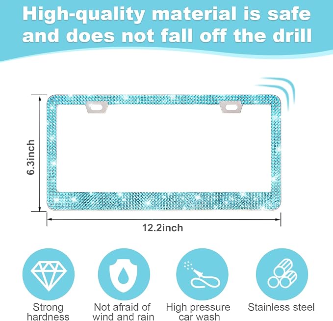 2 Pack Bling License Plate Frames for Women, Sparkly Rhinestone Diamond Car Accessories with Glitter Crystal Caps (Lake Blue)