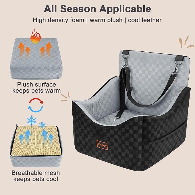 Elevated Dog Car Seat for Small/Medium Dogs up to 35 lbs, Memory Foam Booster Seat with Detachable Washable Cover, Travel-Safe Car Bed with Safety Belts & Storage Pockets, Grey