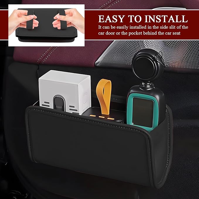 Car Trash Can, Leather Waterproof Automotive Garbage Can with Trash Bag, Hanging Mini Vehicle Trash Bin, Small Auto Door Organizer Storage Pouch, Universal Car Accessories (Black)