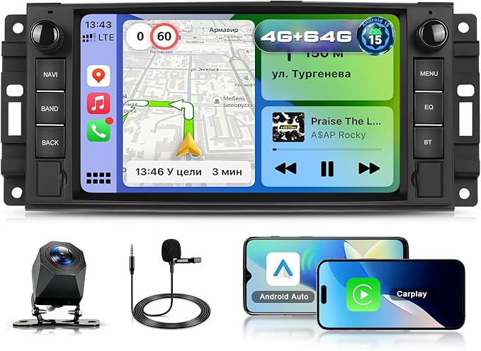 7" Car Stereo Radio for Jeep Wrangler 2007-2015 4G+64G | Wireless CarPlay Android Auto, GPS, 5GHz WiFi, FM/RDS, SWC, Backup Camera for Grand Cherokee 2005-2011 Dodge Ram 1500 2500