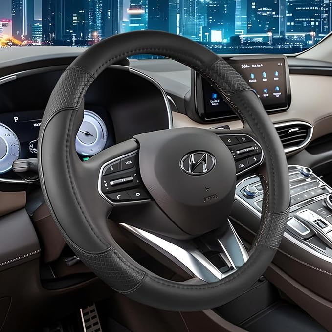 Auto Car Steering Wheel Cover for Hyundai,Tucson,Sonata,Elantra,Santa Fe,Genesis,Sonata Hybrid,Azera,Venue,Kona, 14.5-15 inches(Black-Standard Size)