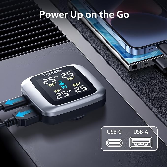 TM7 Tire Pressure Monitoring System, Wireless TPMS with 4 External Sensors & 6 Alarm Modes, Colorful Display, Real-time Tire Pressure Monitor System, Ideal for RV SUV MPV Truck Sedan(0-144 PSI)