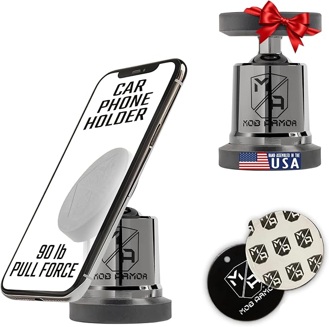 MobNetic Maxx - USA Assembled Magnetic Phone Holder for Car, Magnetic Car Phone Mount, 90-Degree Tilt, 360-Degree Rotation, Aluminum Metal, Compatible with iPhone & Android - Black Chrome
