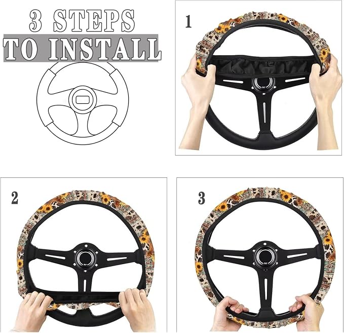 Aztec Highland Cow Cowboy Sunflower Car Steering Wheel Cover Universal 15 Inch Auto Accessories Car Interior Decoration for Women Men Fit Cars SUV Sedan Vans Trucks