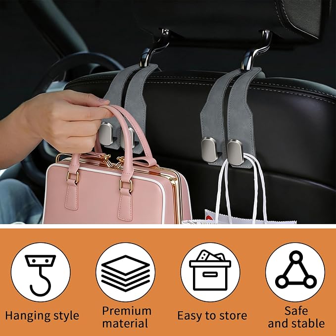 2 Pack Car Seat Headrest Hooks for Purses and Bags, Car Purse Holder With Double Metal Hooks, Headrest Back Seat Handbags Hook, Universal Car Purse Hanger, Cute Car Hanging Accessories, Grey