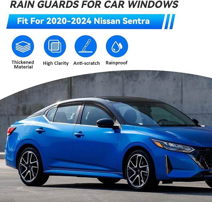 4pcs Smoke Tint Sun Rain Guard Vent Window Visors Compatible with 2020-2024 Nissan Sentra, Outside Mount Tape On Style Acrylic Set of 4 Front+Rear