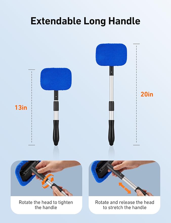 Windshield Cleaner, Microfiber Window Cleaner with 4 Reusable Washable Large Sponge Pads, Extendable 180° Rotating Handle, Fits Cars & SUVs, Includes Spray Bottle, Blue