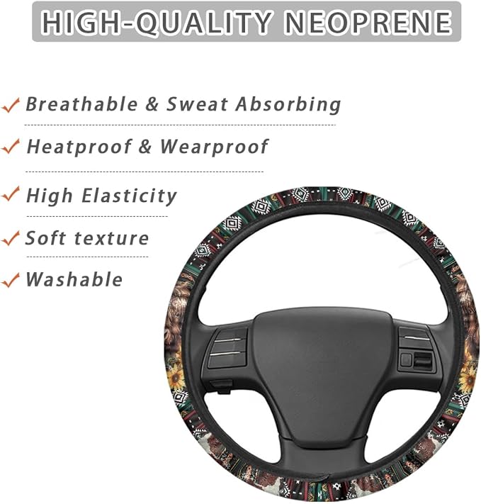 Aztec Highland Cow Sunflower Car Steering Wheel Cover Universal 15 Inch Breathable Better Grip, Cute Car Accessories Decoration for Women Men
