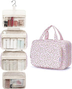 Travel Toiletry Bag for Women Large Hanging Makeup Bag Organizer Toiletries Bag for Full Size Essentials Accessories Cosmetics (Pink Flower (Large))