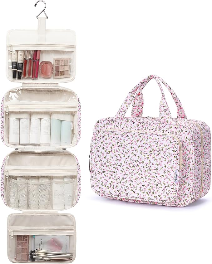 Travel Toiletry Bag for Women Large Hanging Makeup Bag Organizer Toiletries Bag for Full Size Essentials Accessories Cosmetics (Pink Flower (Large))