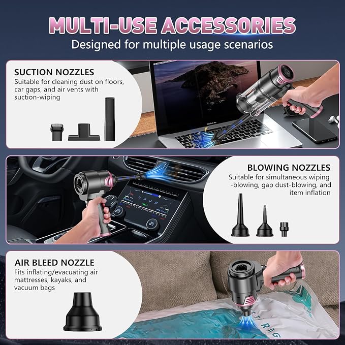 Handheld Car Vacuum Cleaner, 16000PA Air Duster & Vacuum Cleaner, 120W High Power Hand Held Vacuum Cordless, Portable Vacuum Rechargeable with Multi-Nozzles & LED Light for Car, Home, Pet, Office