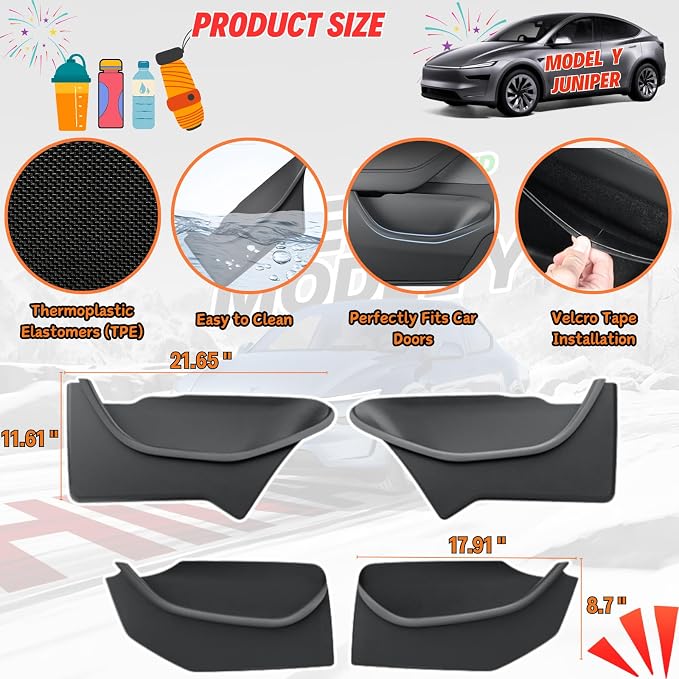 4Pcs Car Door Pocket Organizer Tray for 2026 Tesla Model Y Juniper | Door Pocket Liners, Full-wrap TPE Inserts, Waterproof & Anti-Scratch, Easy to Remove & Clean, Protector Interior Accessories