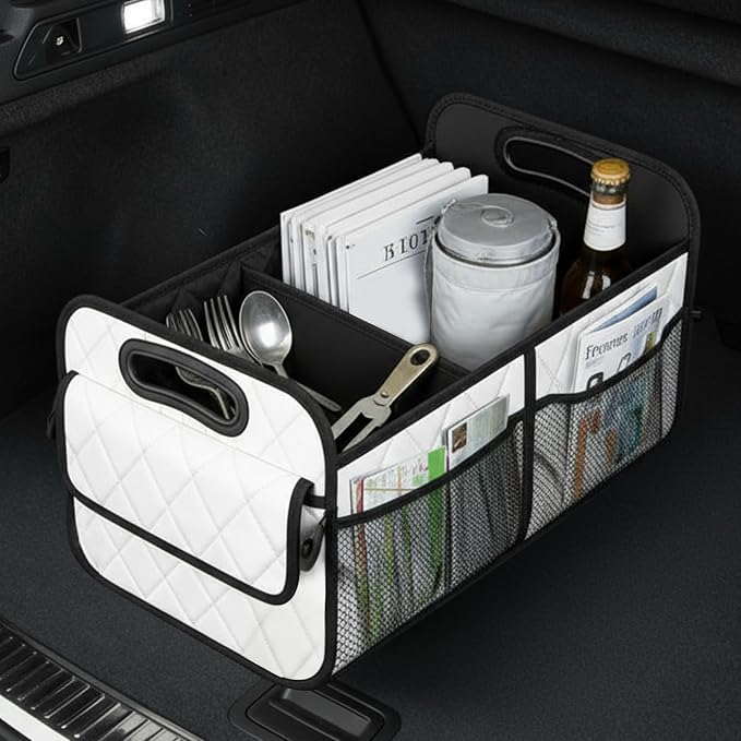 Car Trunk Organizer, Car Organizers and Storage, Large Capacity Vehicle Storage Bag with 6 Pockets, Auto Accessories Foldable & Portable Cargo Organizers for SUV Minivan Truck (White)