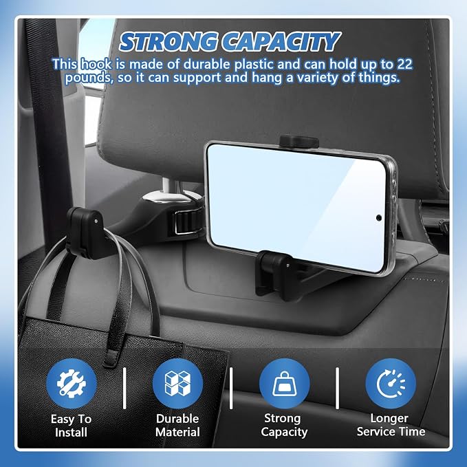 2PCS Car Headrest Hidden Hook, 2 in 1 Car Seat Hook with Phone Holder, Auto Back Seat Hanging Hook for Handbag Clothes Grocery, Universal Vehicle Purse Hooks Holder Organizer (Silver)