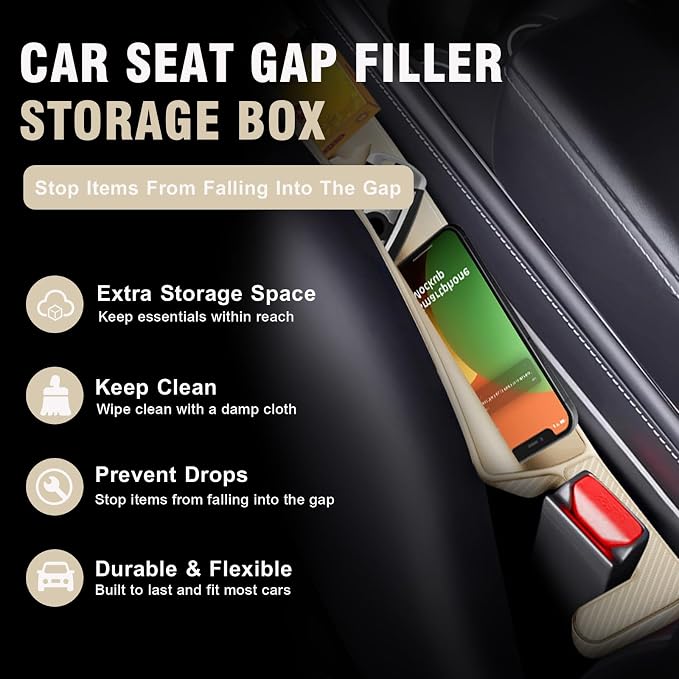 2PCS Car Seat Gap Filler, Automotive Seat Organizer Fill The Gap Between Seat and Console, Universal Car Storage Box Inserts Fill The Gap Between Seat &Console for Coins Wallets Keys (Beige)