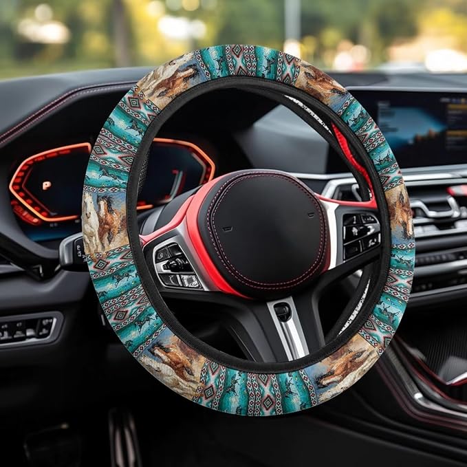Car Steering Wheel Cover Universal 15 Inch Steering Wheel Wrap Anti-Slip Soft Elastic Decorative Auto Accessories All Weather Protection, Aztec Running Horse Teal