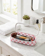 Preppy Checkered Clear Travel Makeup Brush Holder,Pink and Beige Checkered Makeup Brush Toiletry Bag, Portable Cosmetic Brush Case,Transparent Waterproof Makeup Brush Storage Bag