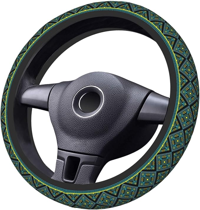 Geometric Steering Wheel Cover Car Elastic Steering Wheel Protector | Bohemian Style Blue Gold Anti-Slip Car Accessories Interior for Women Men Universal 15 Inch