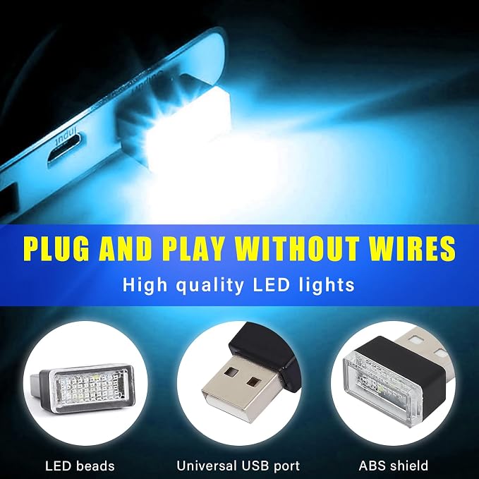 4 PCS USB LED Car Interior Atmosphere Lamp, Plug-in USB Decor Night Light, Portable Auto Ambient Lighting Kit, Universal Vehicle Interior Accessories for Most Cars (Ice Blue)